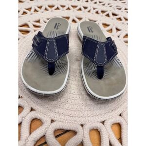 Clarks  Navy Blue Grey Thong Flip Flop Sandals Womens Adjust Strap Sz 7